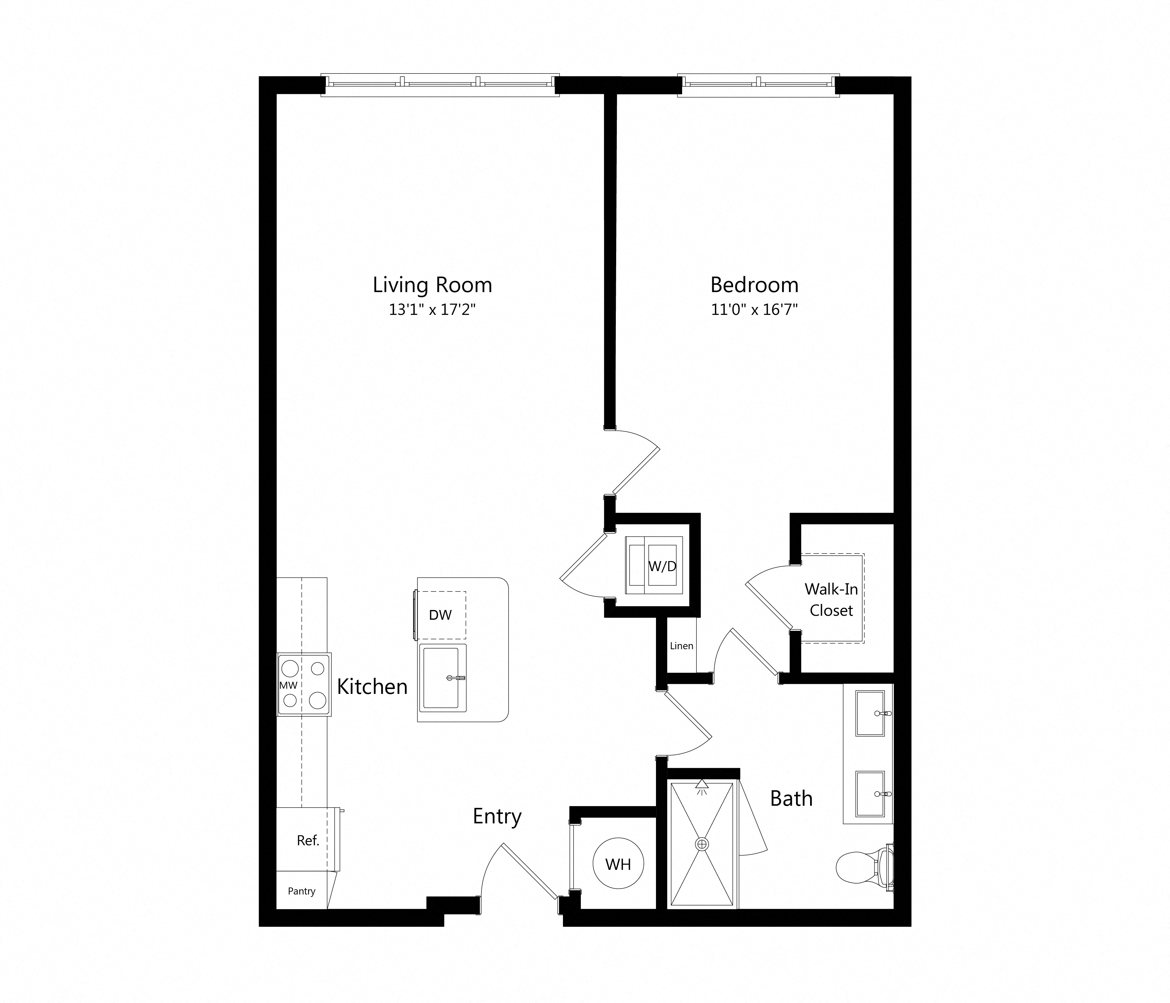 Floor plan for 1 bed, 1 bath, 823 sqft